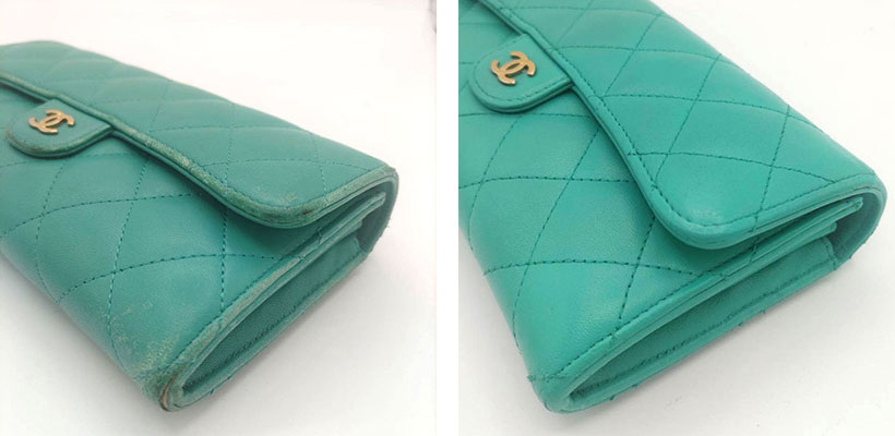 シャネル 財布 （ラムスキン)
の事例：染め直しで角スレを修復