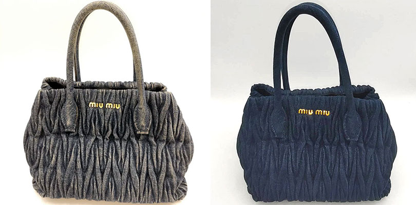 ミュウミュウ（MIUMIU）マテラッセ デニムバッグの色あせをデニム専用染料で染め直し復元したビフォーアフター