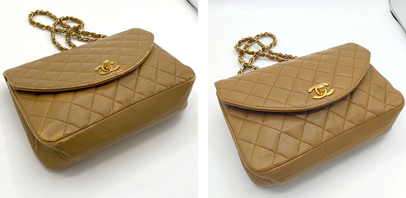 シャネル マトラッセ ベージュ(ラムスキン）の事例：染め直しで色剥げ・角擦れを修復