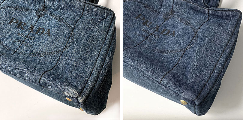 プラダ カナパ デニム 染め直し 色落ち 持ち手 変色 角スレ 修理