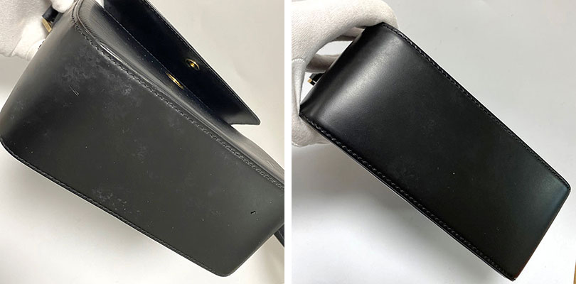 ルイヴィトンの青いエピバッグ。表面の凹凸の白カビや白い汚れをクリーニングで除去した事例