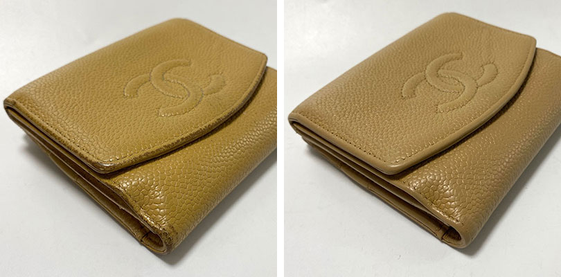 シャネル キャビアスキン 財布の修理事例：染め直しで角のダメージを補修