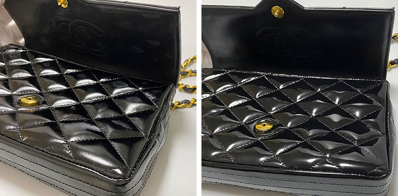 シャネル　マトラッセ　エナメルバッグの事例：白く変色したエナメルを再生