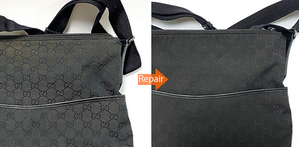 赤茶色に色あせてしまったグッチの黒キャンバスバッグ。クレンジングと丁寧な黒染め直しによって、深く美しいブラックが復元された状態