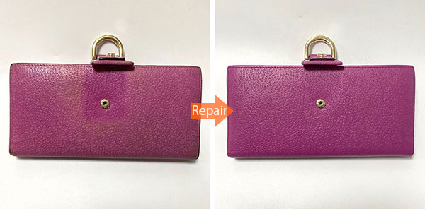 手垢汚れや角擦れで黒ずんでしまったグッチのレザー財布。職人による洗浄クリーニングと染め直しにより、清潔感のある色味が蘇った状態