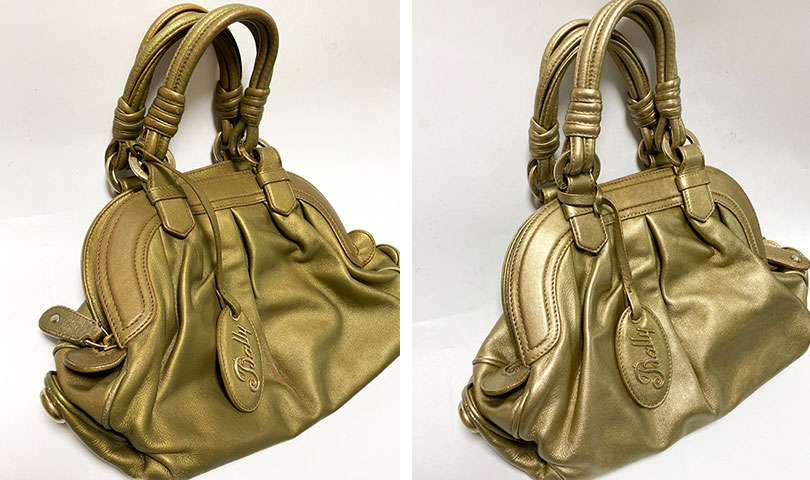 バリー（BALLY）レザーバッグの色あせ・変色を染め直し補修した施工前後BeforeAfter