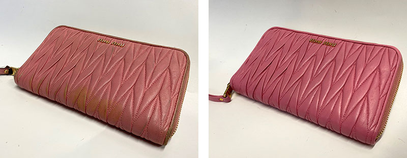 ミュウミュウ（MIUMIU）長財布のマテラッセレザー染め直し・修理のビフォーアフター
