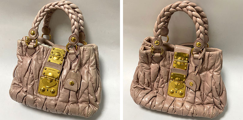 ミュウミュウ(MIUMIU)レザーバッグの変色・褪せを修理する全色染め直し(カラーリング)施工例